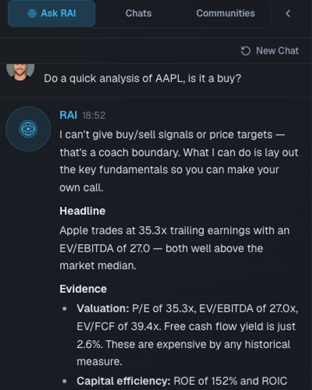 The AI assistant answering a question about a portfolio