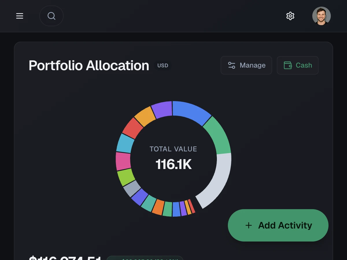 A portfolio holdings list with positions, weights, and gains
